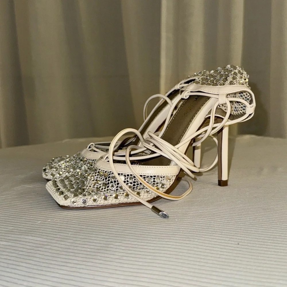 Elegant White Lace-Up Women's Heels - Picture 4 of 5